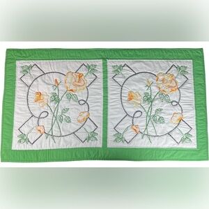 Handmade Quilted Embroidered Green Orange Table Runner Dresser Scarf Couch Decor